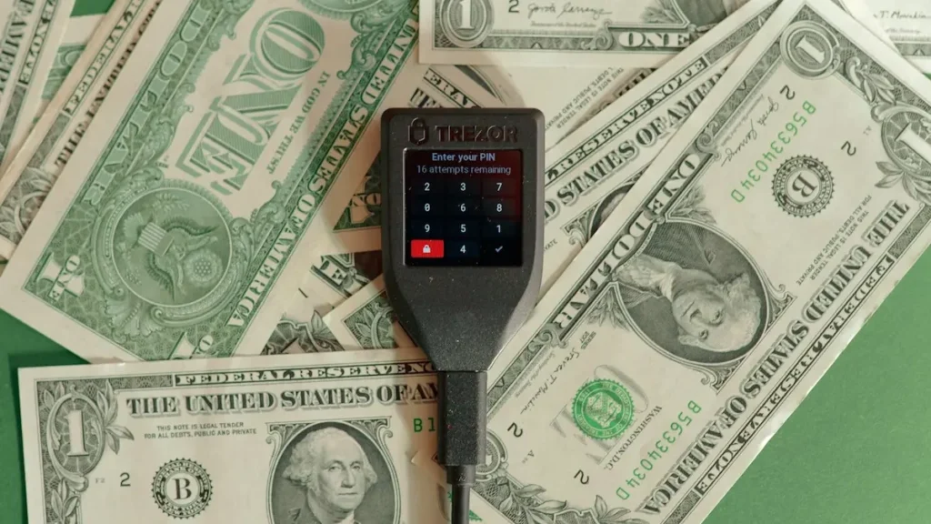 Trezor wallet and banknotes